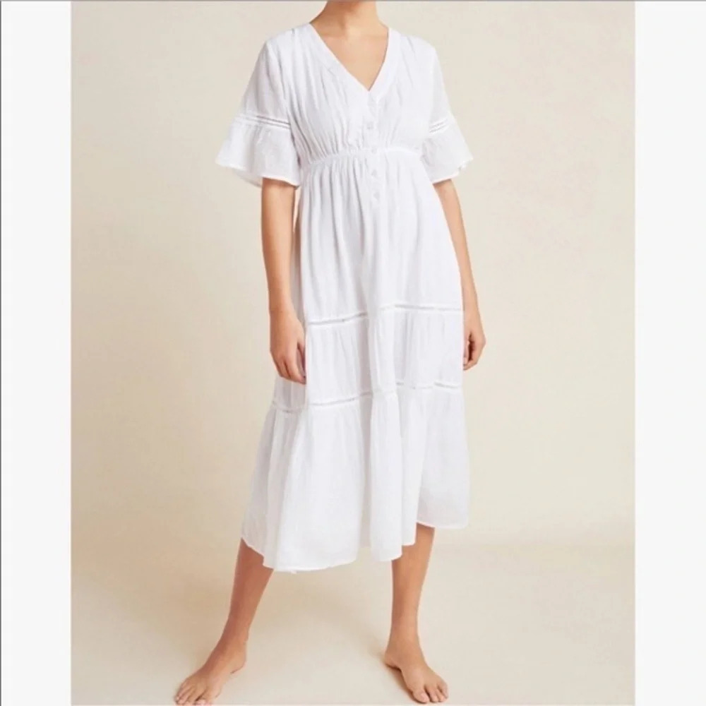 Anthro Sundry White Peasant Ruffle Dress Tiered Midi Maxi Eyelet bohemian boho